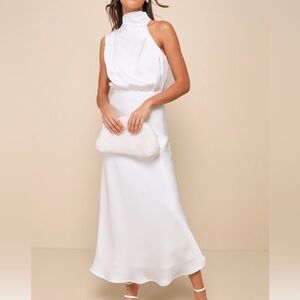 Lulu's Distinctive Charm White Satin Asymmetrical Midi Dress